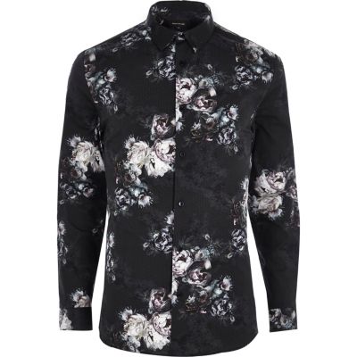 Black floral print muscle fit shirt
